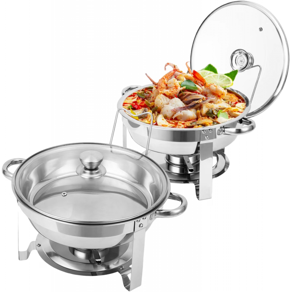 2 Pack Chafing Dish Buffet Set, 5QT Stainless Steel Chafer for Catering, Round Buffet Warmer Server with Glass Lid Water Pan Lid Holer for Parties Wedding Banquet, Silver