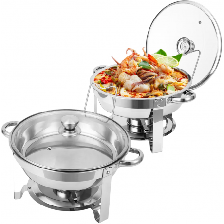2 Pack Chafing Dish Buffet Set, 5QT Stainless Steel Chafer for Catering, Round Buffet Warmer Server with Glass Lid Water Pan Lid Holer for Parties Wedding Banquet, Silver