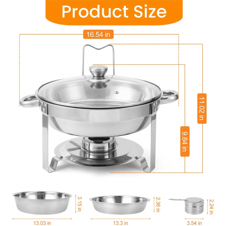 2 Pack Chafing Dish Buffet Set, 5QT Stainless Steel Chafer for Catering, Round Buffet Warmer Server with Glass Lid Water Pan Lid Holer for Parties Wedding Banquet, Silver