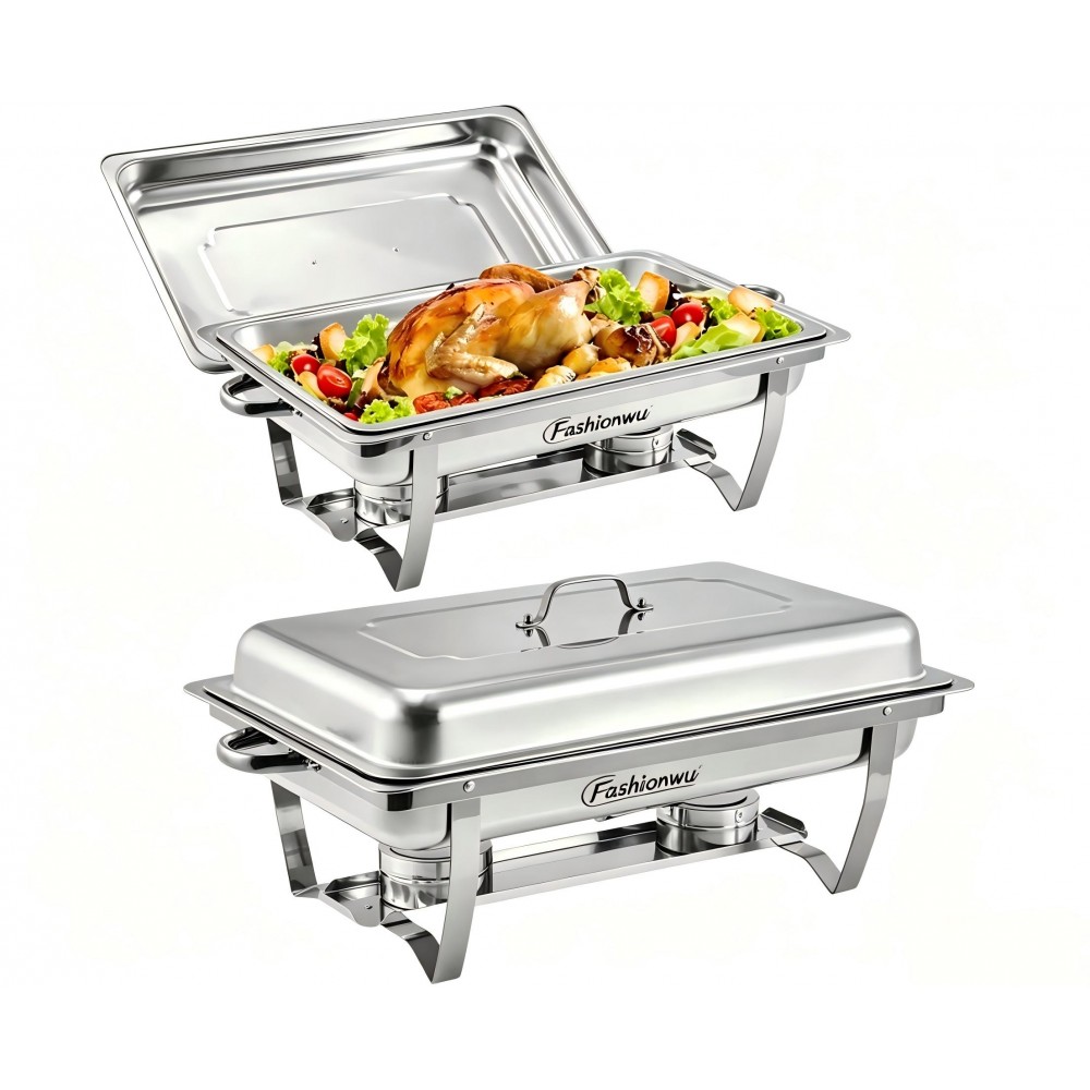 Chafing Dishes for Buffet 2 Pack, 8 QT Stainless Steel Chafer with 2 Full Size Pans, Rectangle Buffet Servers and Warmers Set with Folding Frame for Parties Events Wedding Banquet, Silver